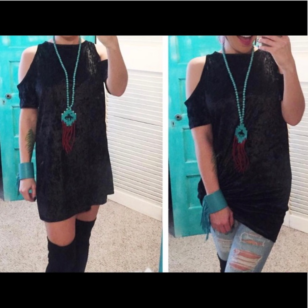 black crushed velvet cold shoulder dress/tunic